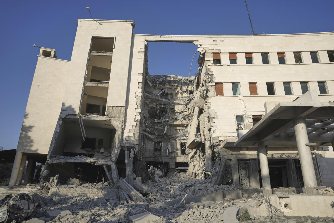 The Syrian Defense Ministry building sits heavily damaged after alleged Israeli airstrikes in Damascus, July 16, 2025. (AP)