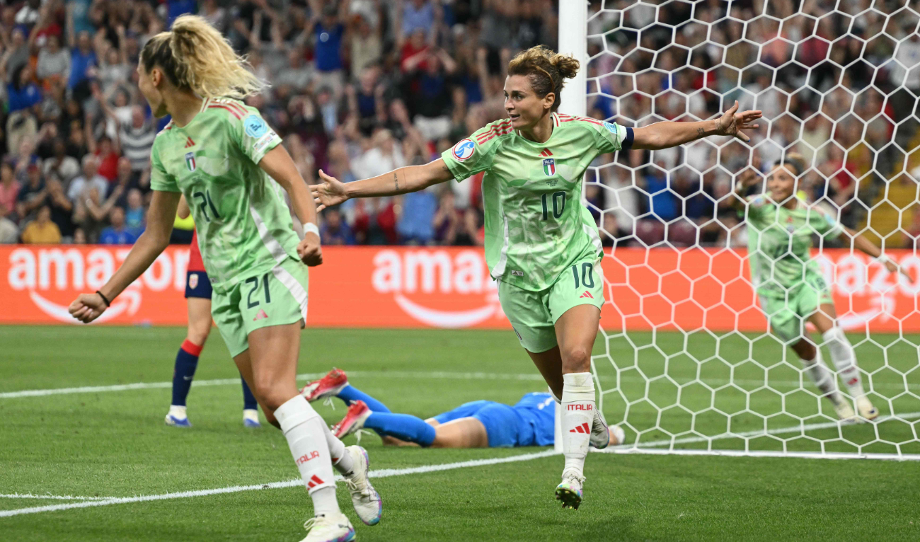Italy's forward Cristiana Girelli (C) celebrates after she scored her team's second goal during the UEFA Women's Euro 2025 quarterfinal between Norway and Italy at the Stade de Geneve in Geneva, on Wednesday. Italy won 2-1. (AFP)