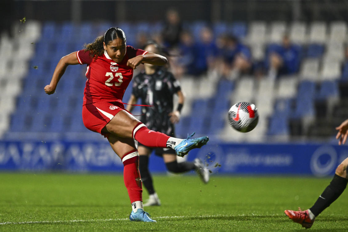 Canada’s Olivia Smith tries a shot during the international women’s friendly match against South Korea at the Pinatar Arena Football Center in Murcia, Spain, on Dec. 3, 2024. (AP/File)