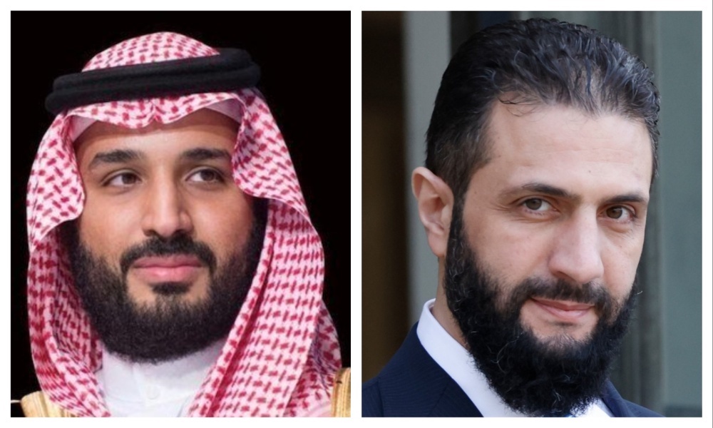 Saudi Crown Prince Mohammed bin Salman and Syrian President Ahmed Al-Sharaa. (File/SPA/AFP)