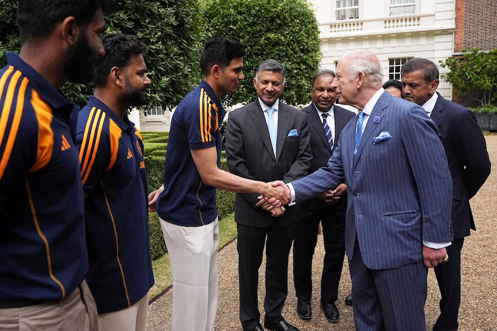 King Charles III meets members of the India men’s Test cricket team Jasprit Bumrah, Rishabh Pant and Captain Shubman Gill during an audience in the gardens of Clarence House, London on July 15, 2025. (Reuters)