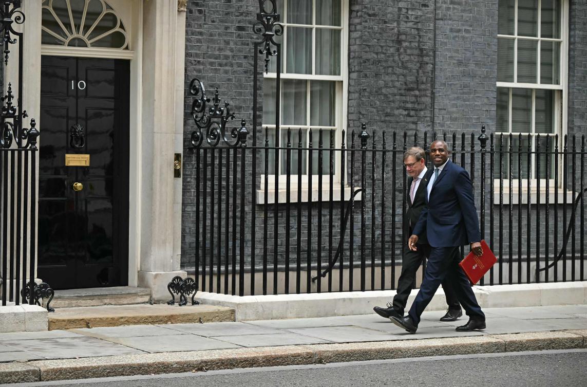 Britain’s Foreign Secretary David Lammy walks with Germany’s Foeign Minister Johann Wadephul to 10 Downing Street in London on July 17, 2025. (AFP)