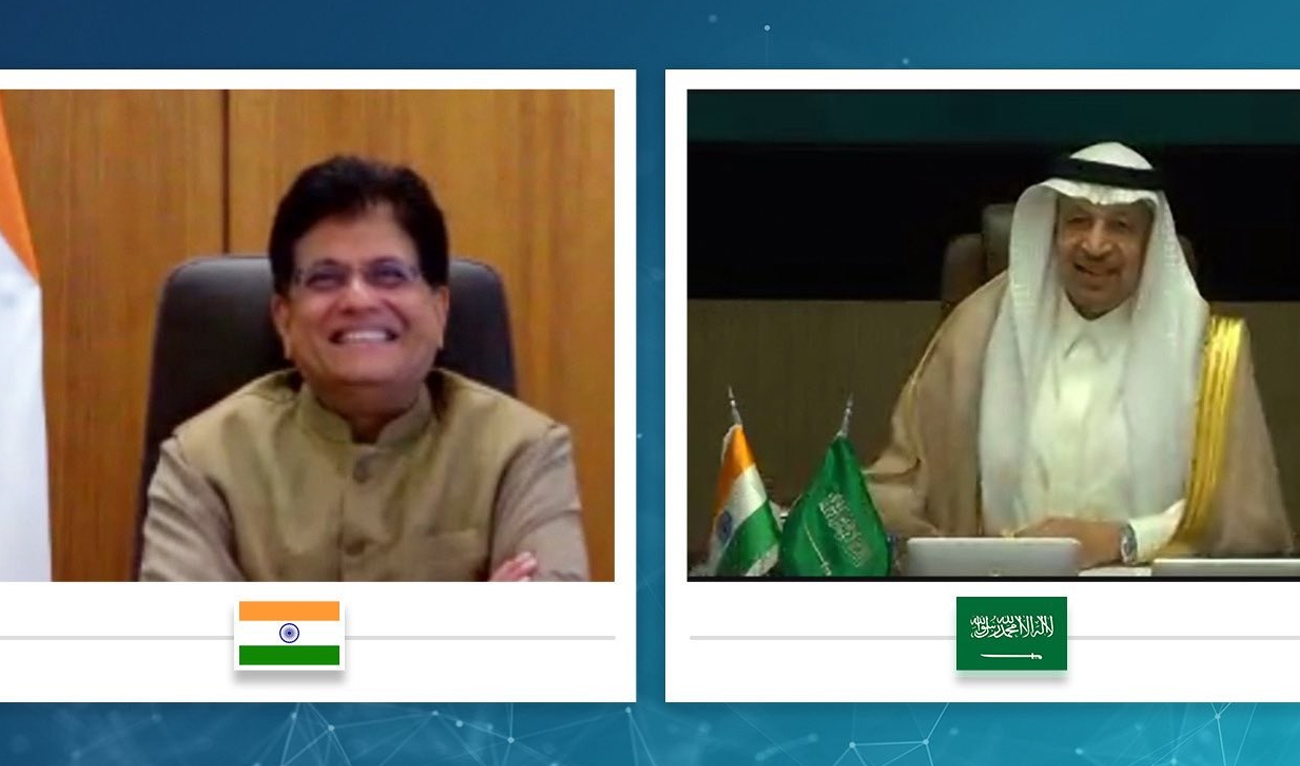 The handout photograph released on July 17, 2025, shows Indian Trade Minister Piyush Goyal (left) and Saudi Arabia’s Minister of Investment Khalid Al-Falih attending a virtual meeting. (Facebook/@PiyushGoyalOfficial)