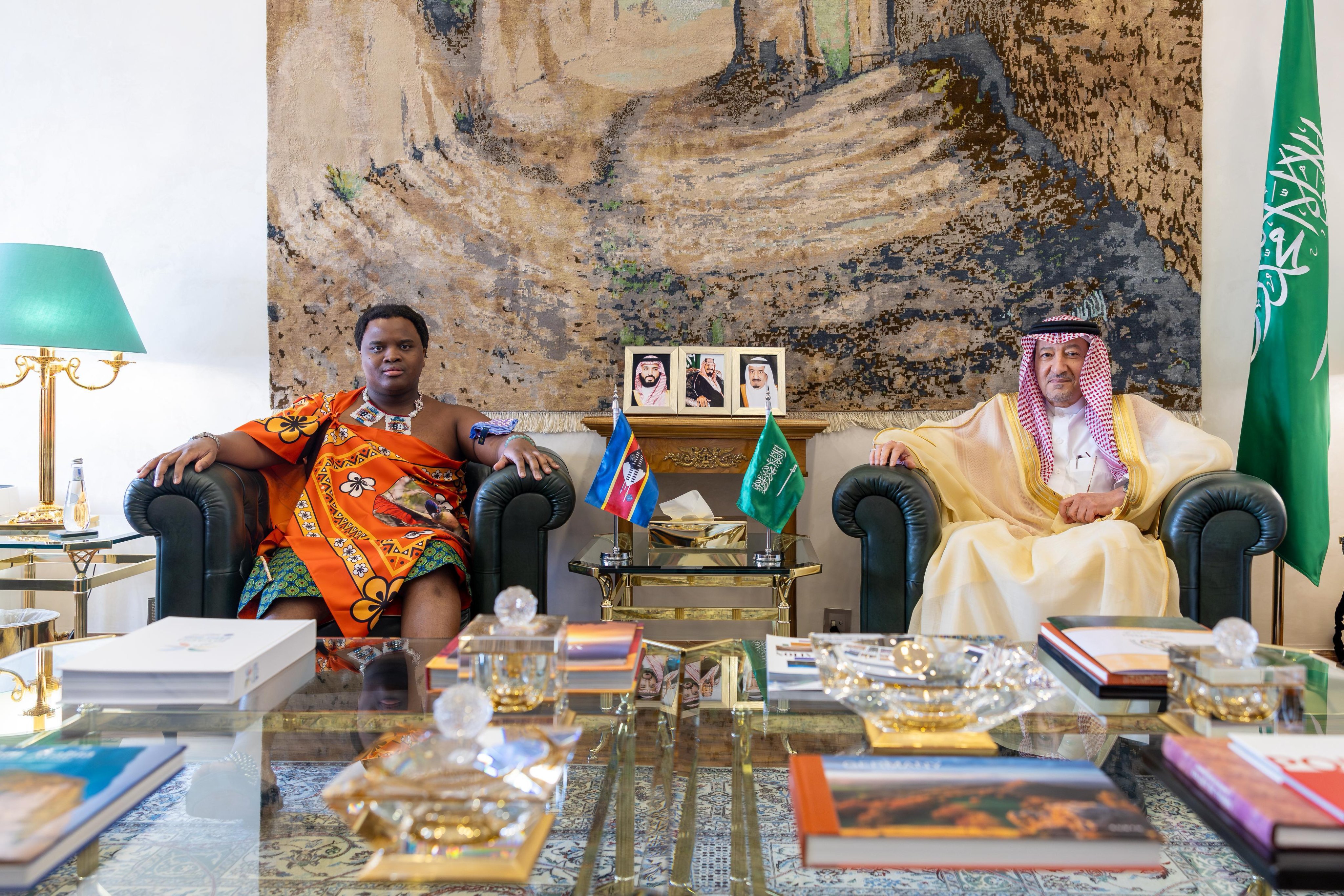 Kingdom’s Deputy Foreign Minister Waleed Al-Khuraiji receives the message during a meeting with Prince Lindani, son of King Mswati and Member of Eswatini’s Parliament, in Riyadh. (SPA)