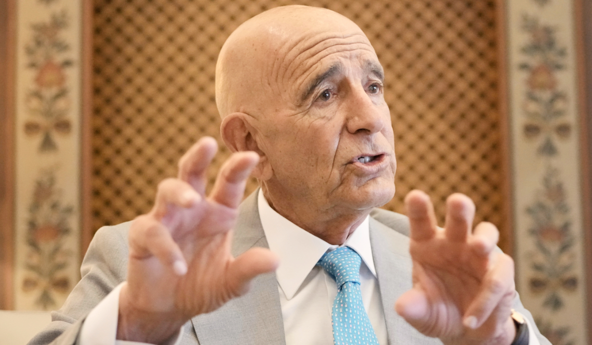 U.S. Ambassador to Turkey and Special Envoy to Syria Tom Barrack speaks during an interview with The Associated Press at the U.S. Embassy in Aukar, northern suburb of Beirut, Lebanon, Monday, July 21, 2025. (AP)