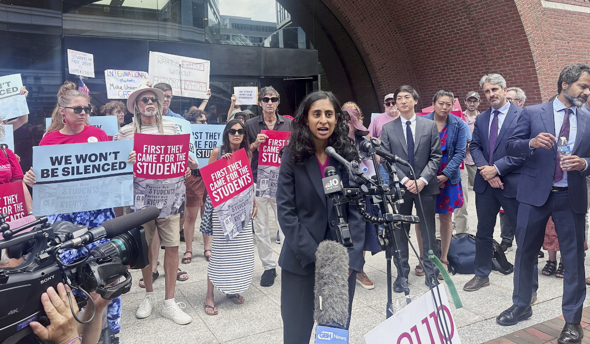 Ramya Krishnan, senior staff attorney at the Knight First Amendment Institute, speaks about a lawsuit challenging the Trump administration over deporting students and faculty who took part in pro-Palestinian demonstrations on July 7, 2025, at the federal courthouse in Boston. (AP)