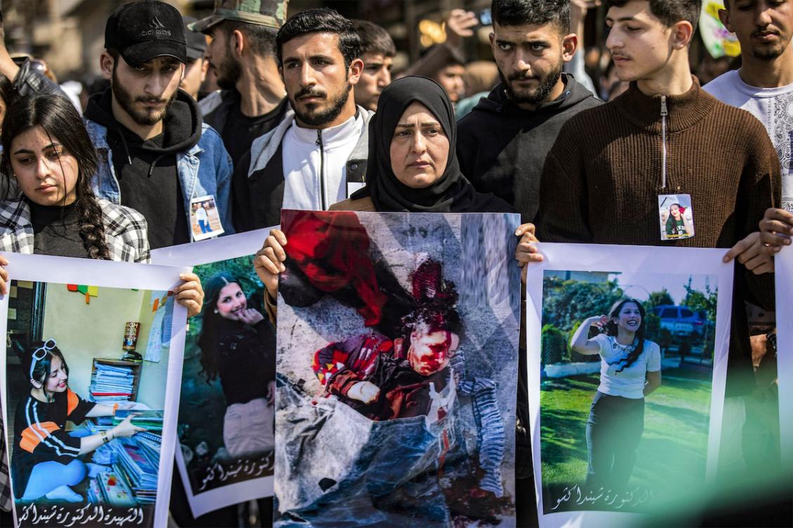 People gather for a mass demonstration in Syria's northeastern city of Qamishli on March 11, 2025 protesting against a recent wave of sectarian violence targeting Syria's Alawite minority. (FILE/AFP)