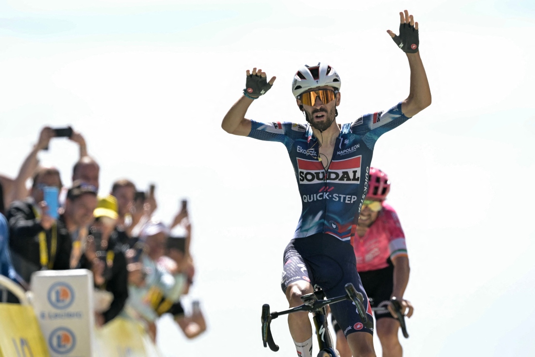 Soudal Quick-Step team’s French rider Valentin Paret-Peintre cycles to the finish line to win the 16th stage of the 112th edition of the Tour de France cycling race, 171.5 km between Montpellier and Mont Ventoux, southern France, on Tuesday. (AFP)