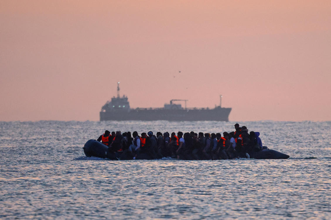 A group of migrants on an inflatable dinghy leave the coast of northern France in an attempt to cross the English Channel to reach Britain as tougher migration controls were announced, from the beach of Petit-Fort-Philippe in Gravelines, near Calais, France, July 17, 2025. (Reuters)