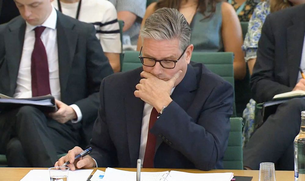 A video grab from footage broadcast by the UK Parliament’s Parliamentary Recording Unit (PRU) shows Keir Starmer during a Parliamentary Liaison Committee hearing, London, July 21, 2025. (AFP)
