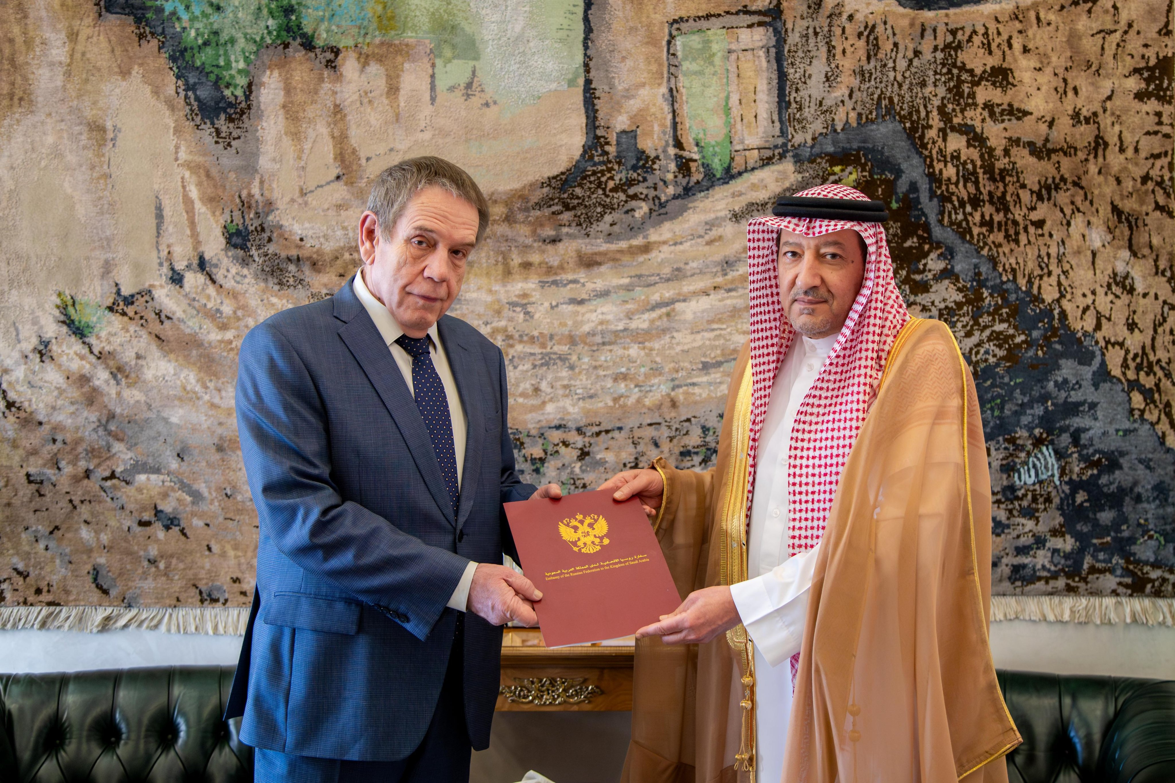 Saudi Deputy Foreign Minister Waleed Al-Khuraiji and Russian Ambassador Sergey Kozlov. (Saudi Press Agency)