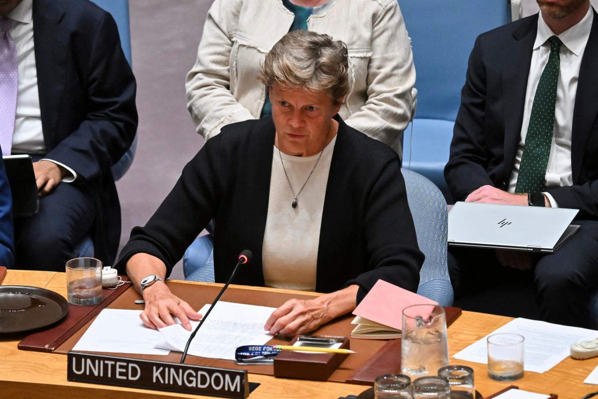 UK’s Permanent Representative to the UN, Barbara Woodward, speaks during a United Nations Security Council meeting on the conflict in the Middle East, July 16, 2025. (Agence France-Presse)