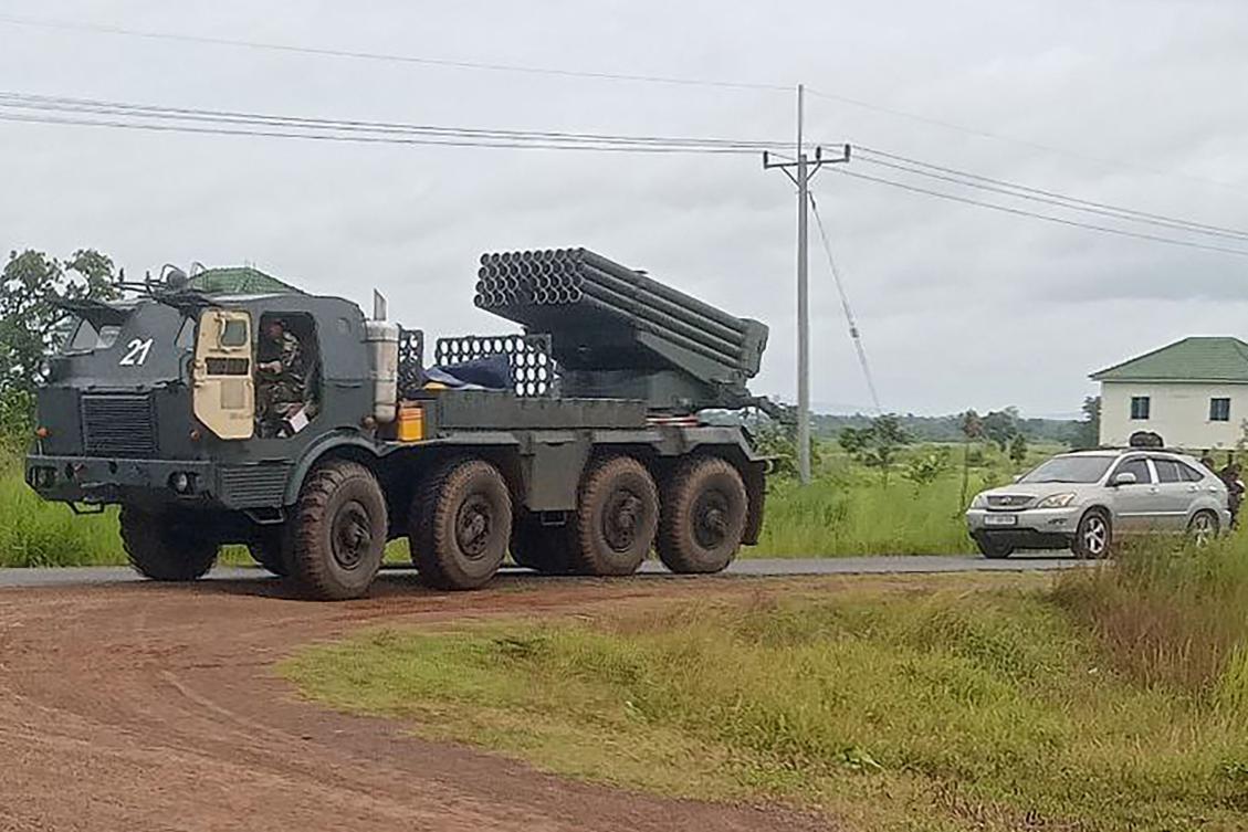 A Cambodian BM-21 multiple rocket launcher returns from the Cambodia-Thai border as Cambodian and Thai troops exchanged fire in a new round of clashes in Preah Vihear province on July 24, 2025. (AFP)