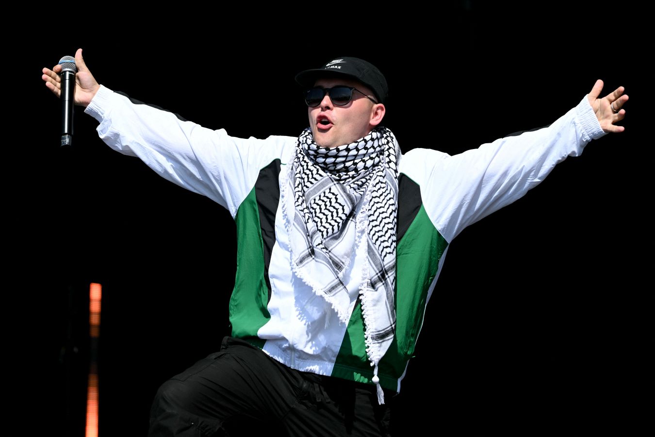 Mo Chara of Irish rappers Kneecap performs at Glastonbury Festival near Pilton, Somerset, England, June 28, 2025. (AFP)