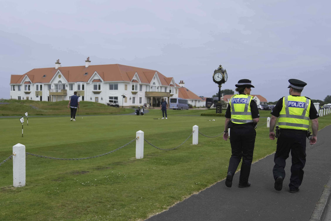 Police patrol near the Trump Turnberry golf course in Turnberry, Scotland on July 23, 2025. US President Donald Trump is expected to visit Scotland in the next few days. (AP)