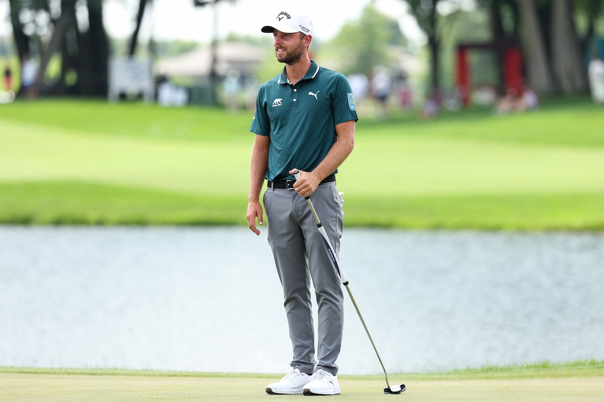 Adam Svensson reacts to his eagle putt on the 18th green during the first round of the 3M Open golf tournament on Thursday. (Matt Krohn-Imagn Images)