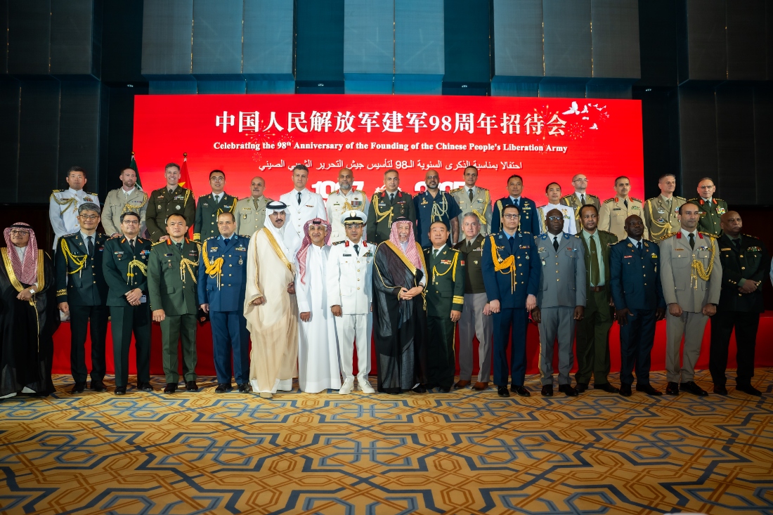 Zhu Je, the armed defense attache at the Chinese embassy in Saudi Arabia gave the opening remarks commemorating the 98th anniversary of the Chinese Liberation Army. (Huda Bashatah)