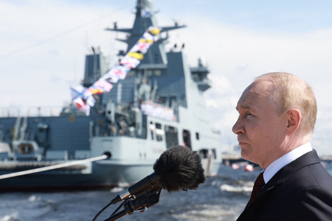 Russia's President Vladimir Putin attends the main naval parade marking the Russian Navy Day in 2024 in Saint Petersburg, Russia. (Sputnik)