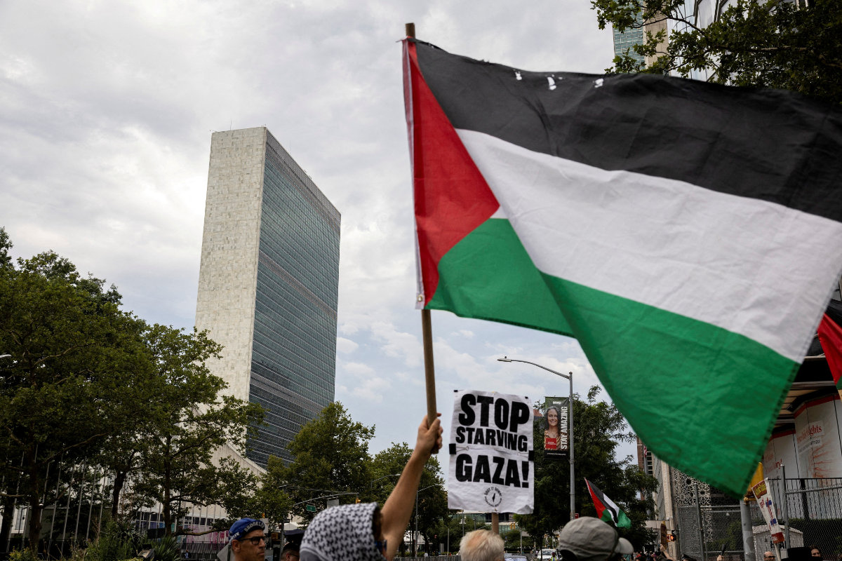 People rally in front of the United Nations headquarters during a "Stop Starving Gaza Now" protest in New York City on July 25, 2025. (REUTERS)