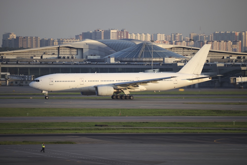Russia’s Nordwind Airlines Boeing 777-200ER taxies before taking off on the first flight connecting Moscow and Pyongyang at Moscow’s Sheremetyevo International Airport on July 27, 2025. (AP)