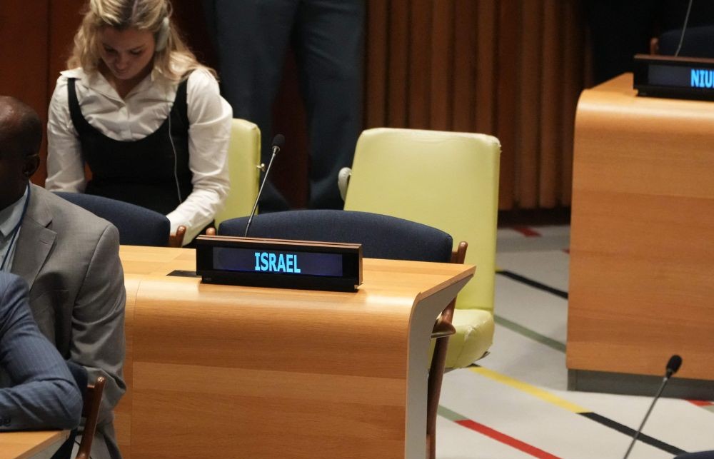 An empty seat for Israel is seen during a UN conference on a two state solution for Israel and the Palestinians, New York, July 28, 2025. (AFP)