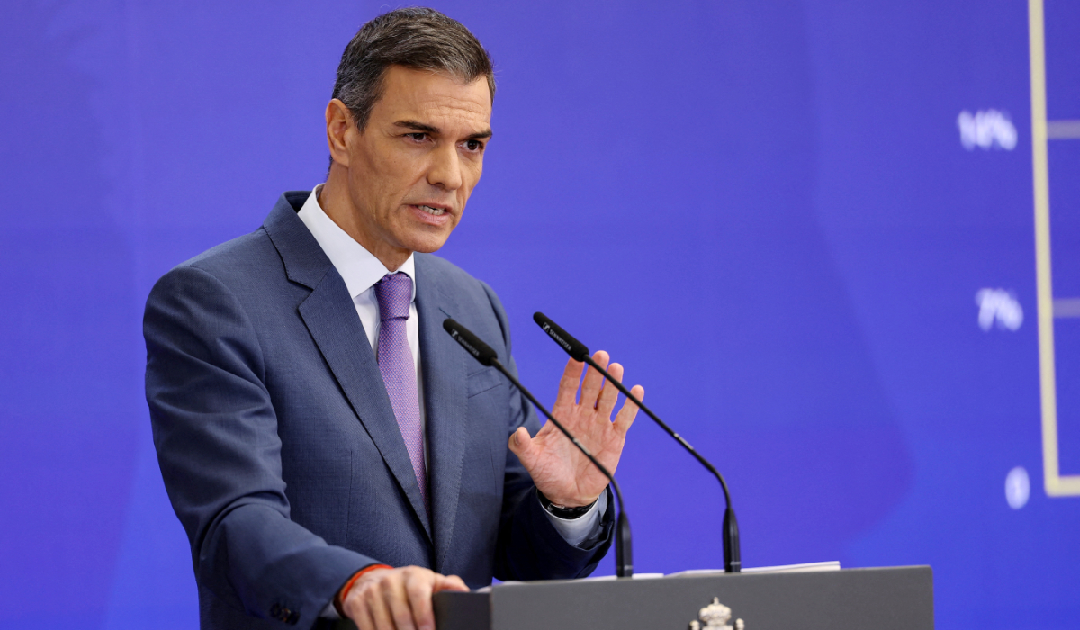Spanish Prime Minister Pedro Sanchez speaks at a press conference before summer break, at Moncloa Palace in Madrid, Spain, July 28, 2025. (REUTERS)