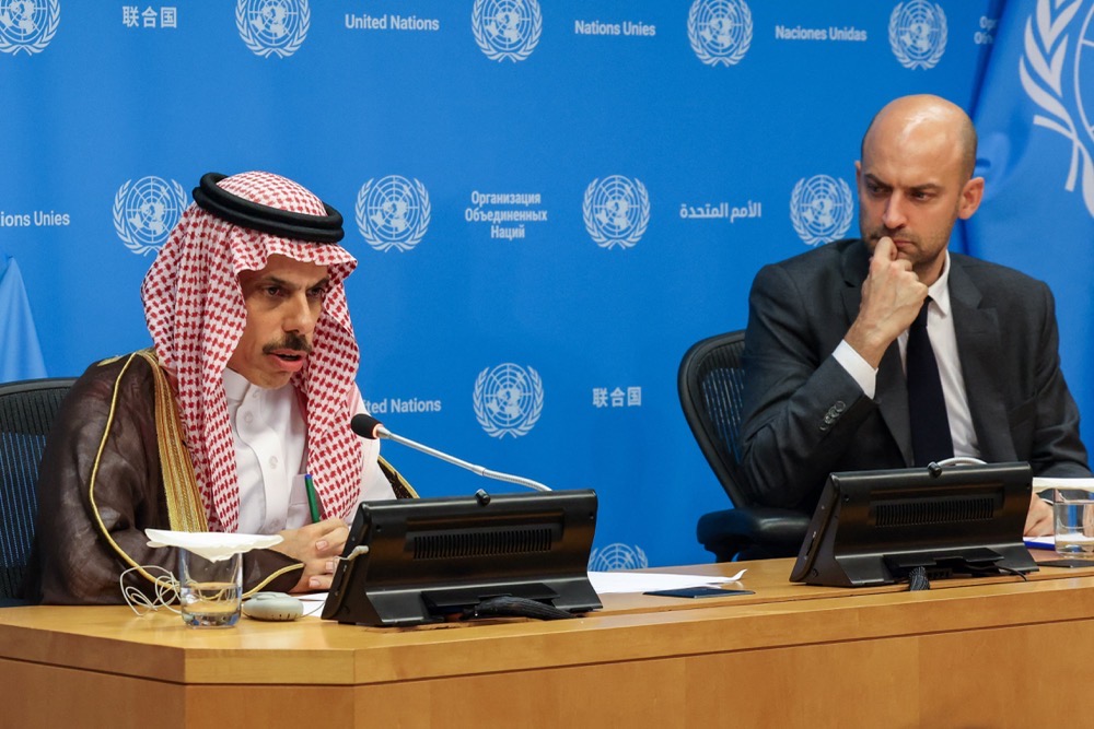 Saudi Foreign Minister Faisal bin Farhan Al-Saud and French Foreign Minister Jean-Noel Barrot, co-chairs of a United Nations high-level international conference. (Reuters)