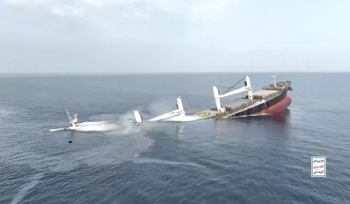 A vessel said to be Greek-operated, Liberia-flagged Eternity C sinks in a footage released by Yemen's Houthis, in the Red Sea, in this screen grab taken from a handout video released on July 9, 2025. (REUTERS)