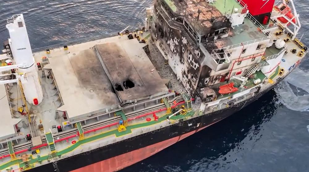 Above, a view of damage to the Liberia-flagged bulk carrier Eternity C after it was attacked by the Houthis in this handout picture released on July 8, 2025. (Houthi Ansarullah Media Center/AFP)