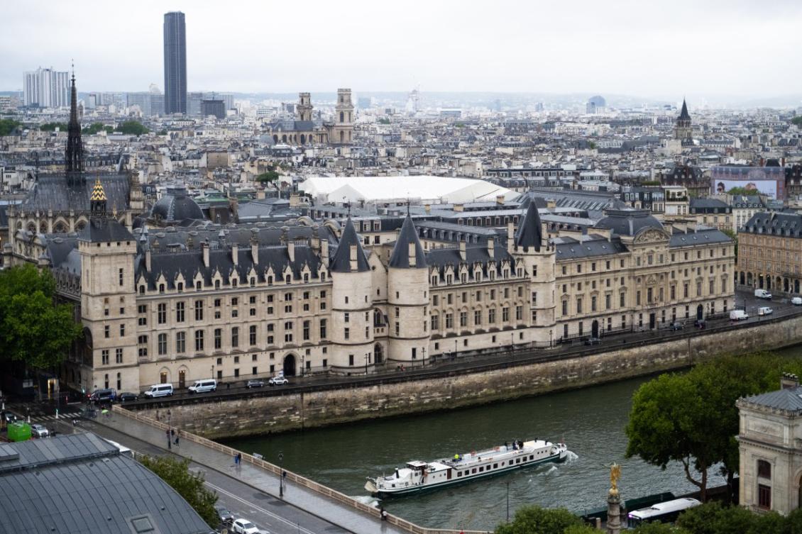 This photograph, taken from the Tour Saint-Jacques, shows the Conciergerie and the Palais de Justice on the Ile de la Cite in Paris on June 5, 2025. (File/AFP)
