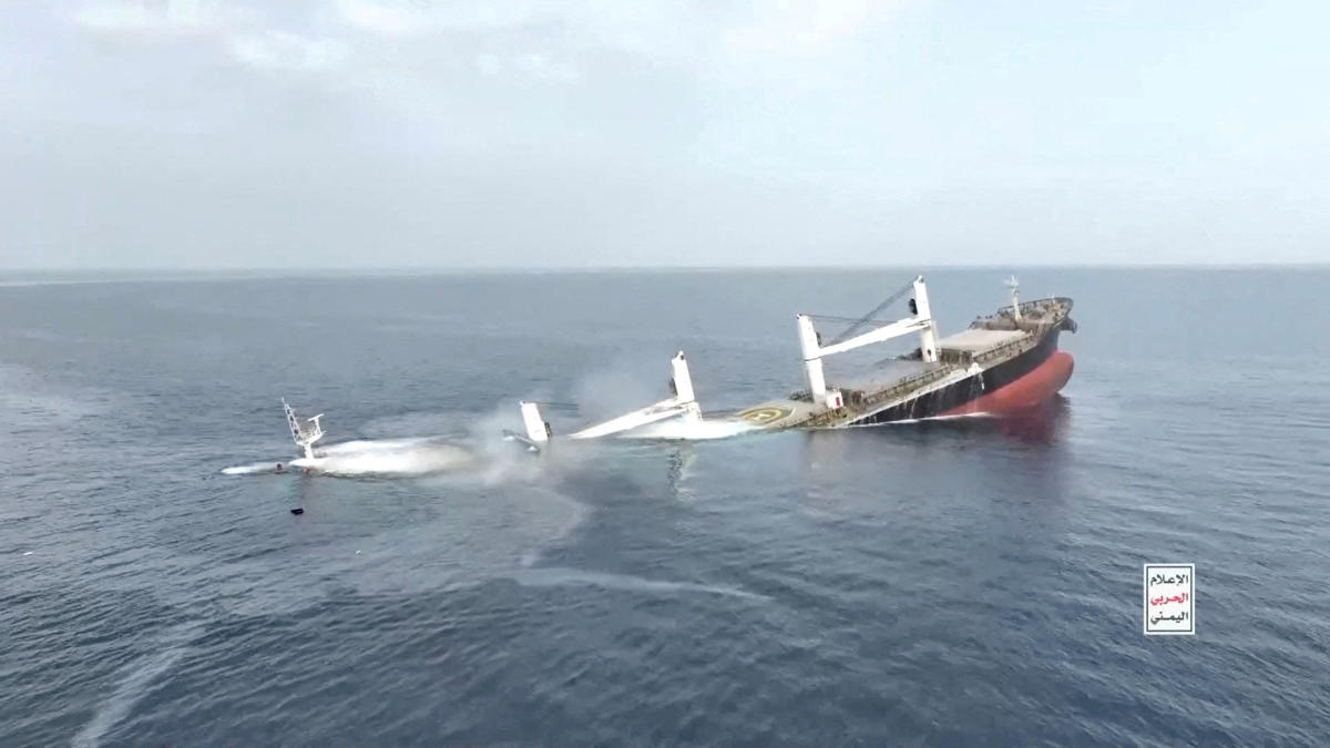 A vessel said to be Greek-operated, Liberia-flagged Eternity C sinks in footage released by Yemen’s Houthis, in the Red Sea, in this screen grab taken from a handout video. (Reuters)