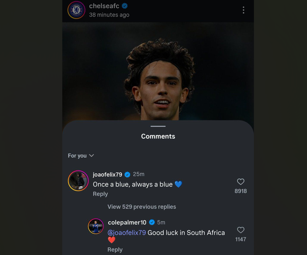 A reply by Chelsea’s winger Cole Palmer to a comment by Joao Felix over his move to Al-Nassr triggered hysterical debate on Instagram after Palmer mistook South Africa for Saudi Arabia. (Social Media)