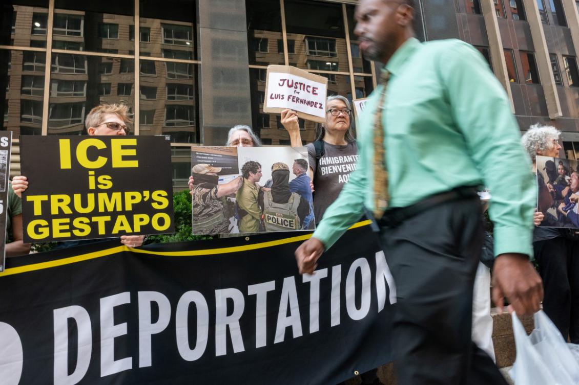 Activists protest outside of the Jacob K. Javitz Federal Building, where Federal agents patrol the halls of immigration court, detaining immigrants for deportation on July 24, 2025, in New York City. (File/AFP)
