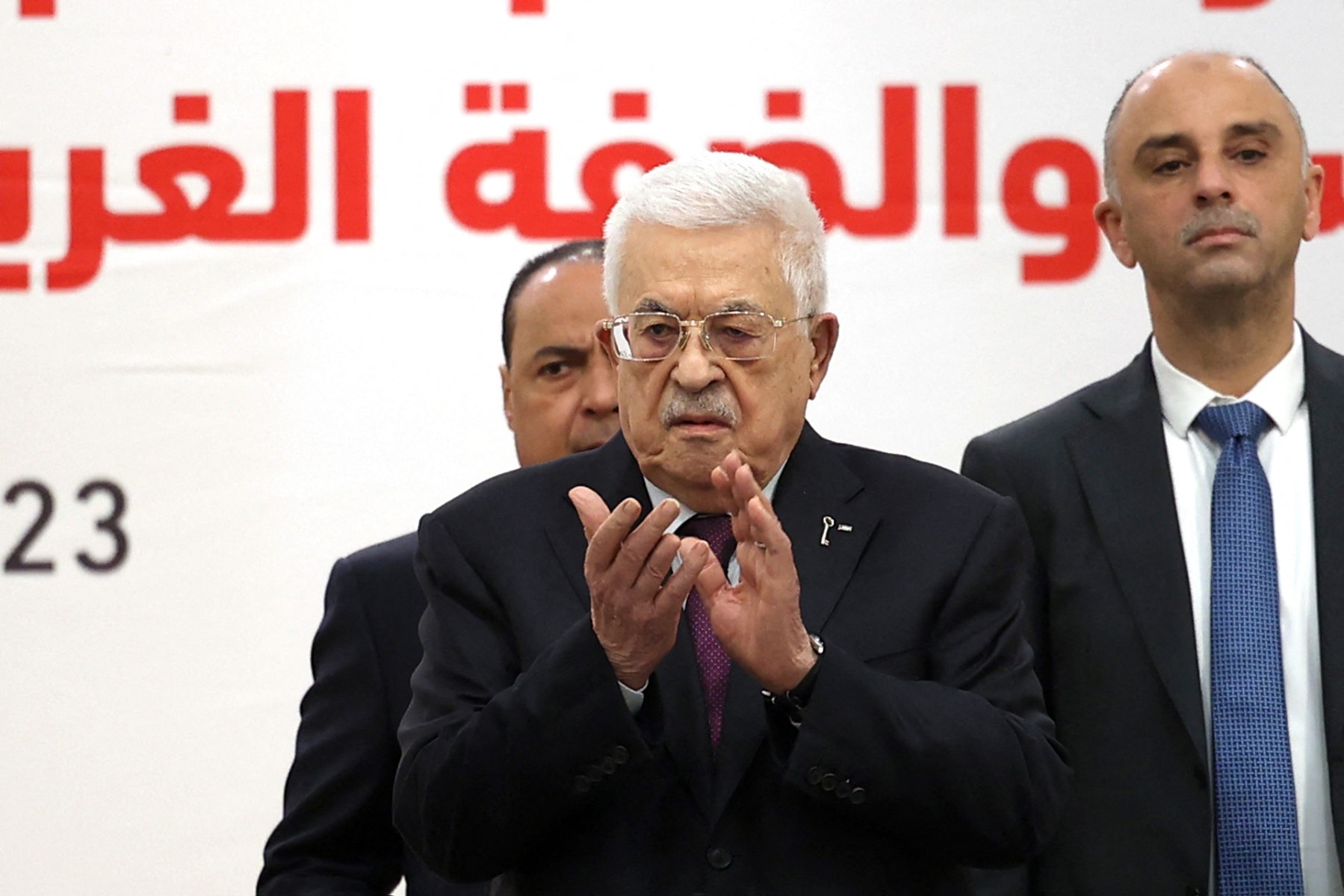 Palestinian Authority President Mahmoud Abbas attends the 32nd Palestinian Liberation Organization (PLO) Central Council session in Ramallah, April 23, 2025. (AFP)