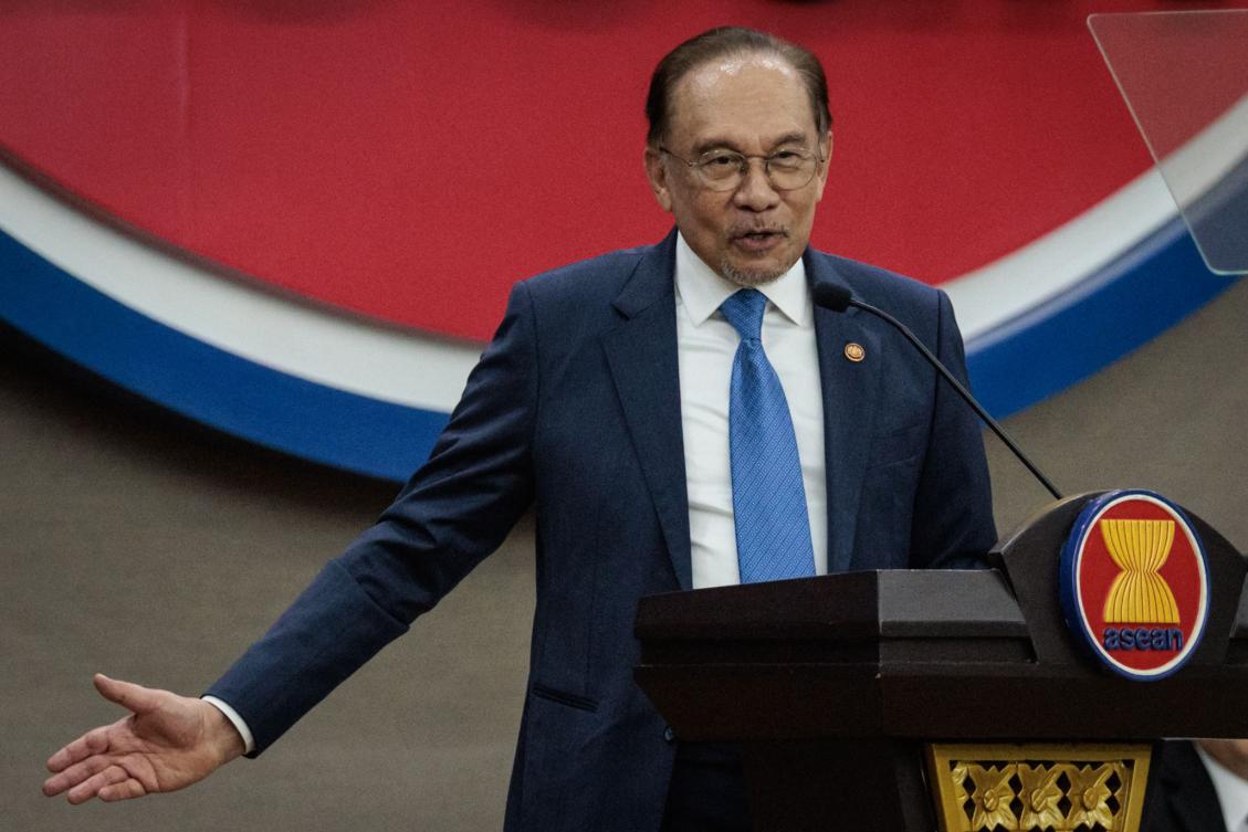 Malaysia's Prime Minister Anwar Ibrahim delivers a speech at the Association of Southeast Asian Nations (ASEAN) Secretariat in Jakarta on July 29, 2025. (AFP)