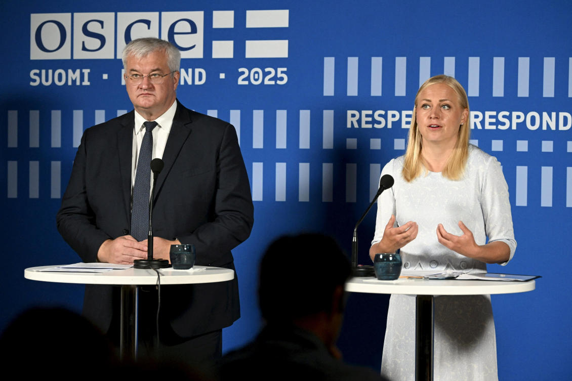 Minister for Foreign Affairs of Finland Elina Valtonen and Minister for Foreign Affairs of Ukraine Andrii Sybiha meet during the Helsinki+50 OSCE conference in Helsinki, Finland, July 31, 2025. (REUTERS)