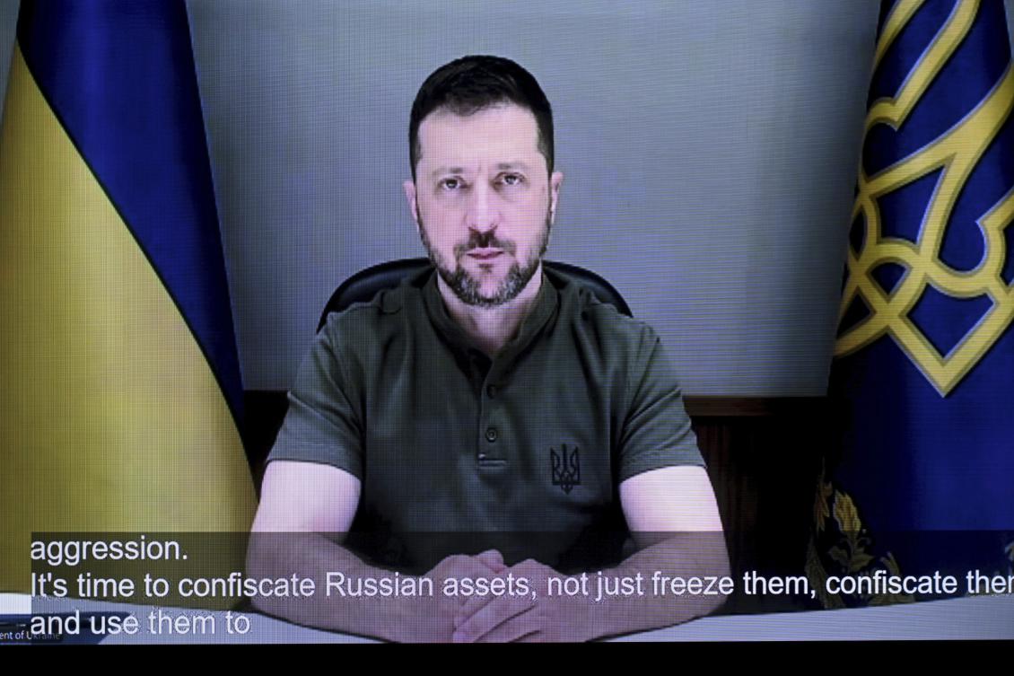 Ukraine's President Volodymyr Zelenskyy addresses online the opening of the Helsinki+50 Conference in Helsinki, Finland. (AP)