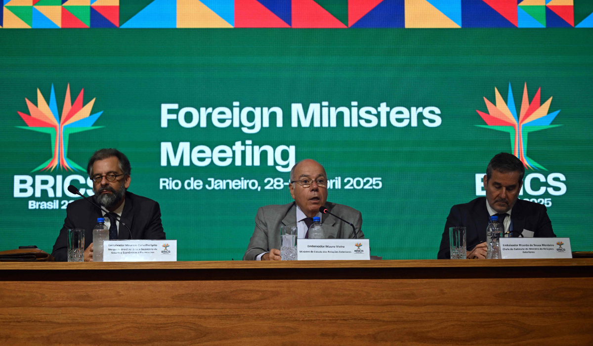 Brazil's FM Mauro Vieira (C) speaks during a press conference on the 2nd day of the BRICS meeting in Rio de Janeiro. (AFP)