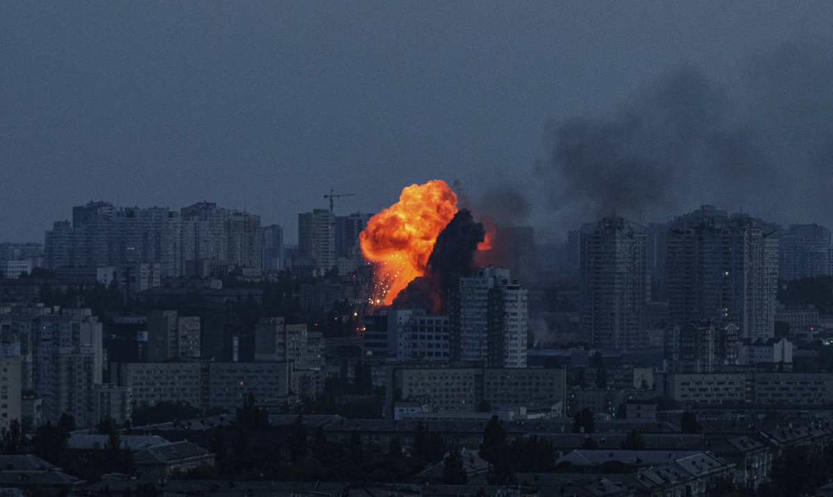 An explosion is seen after a Russian air strike on Kyiv, Ukraine, June 6, 2025. (AP)