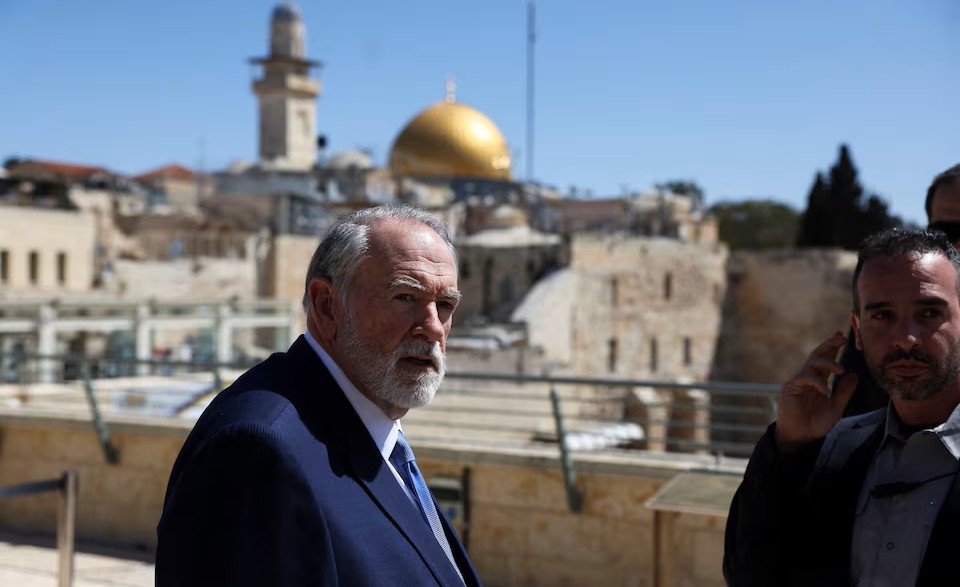 US Ambassador to Israel Mike Huckabee in Jerusalem’s Old City, April 18, 2025. (Reuters)