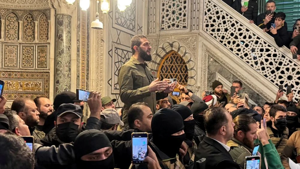 Ahmad Al-Sharaa addresses a gathering at Ummayad Mosque after the fall of Bashar Assad, Damascus, Syria, Dec 8, 2024. (Reuters)