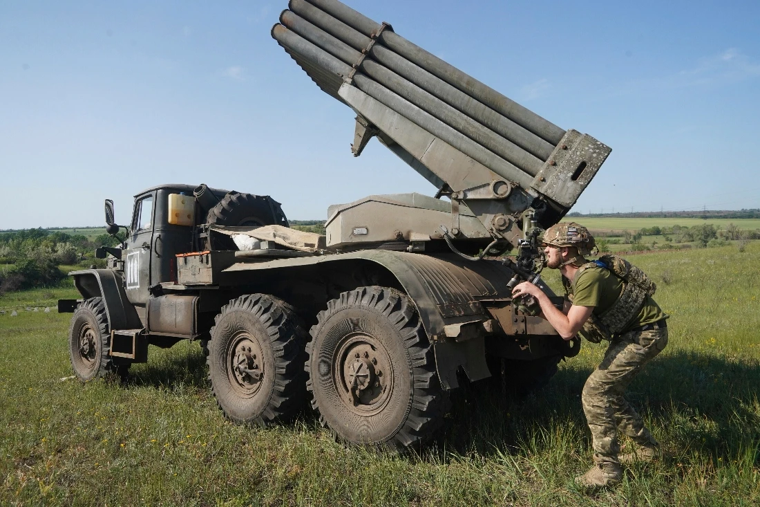 A soldier from Ukraine's 30th Separate Mechanized Brigade prepares to fires a rocket launcher toward Russian positions at the front line in the Donetsk region, Ukraine. (AP)