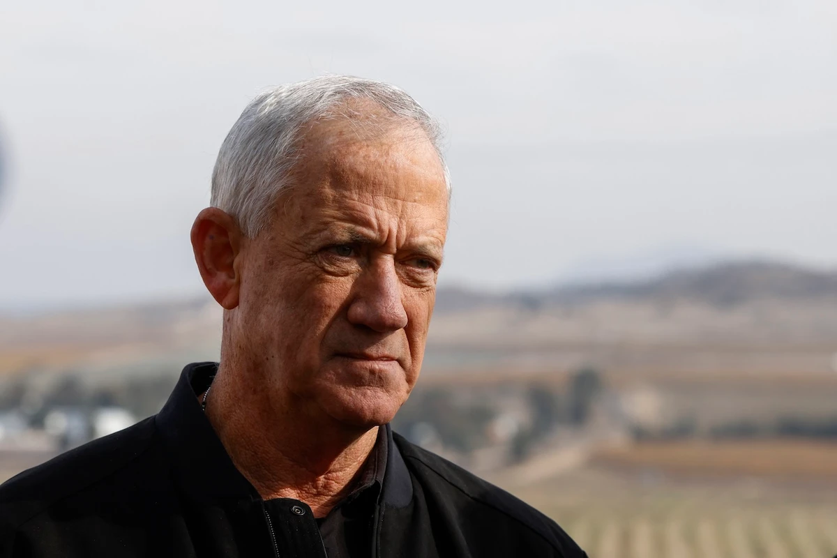 Israeli politician Benny Gantz talks to reporters as he visits an area across from Syrian territories in the Israel-annexed Golan heights on December 8, 2024. (File/AFP)