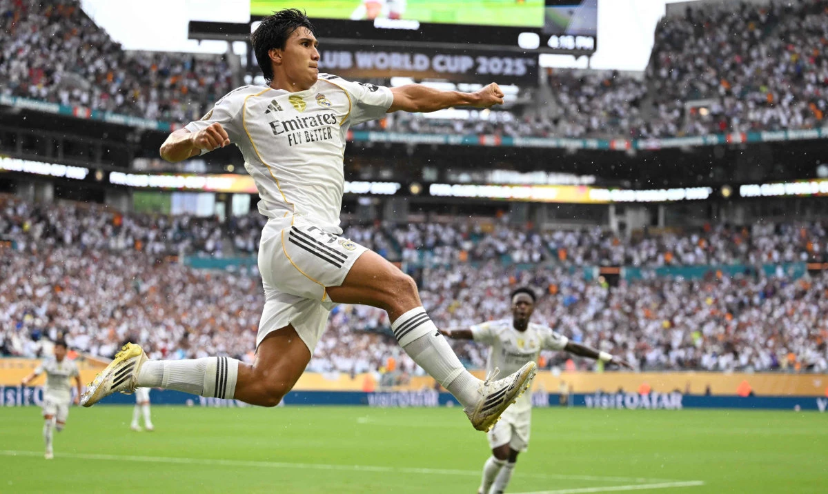 Real Madrid's Spanish forward #30 Gonzalo Garcia celebrates after scoring the opening goal during the FIFA Club World Cup 2025 round of 16 football match between Spain's Real Madrid and Italy's Juventus at the Hard Rock Stadium in Miami on July 1, 2025. (AFP)