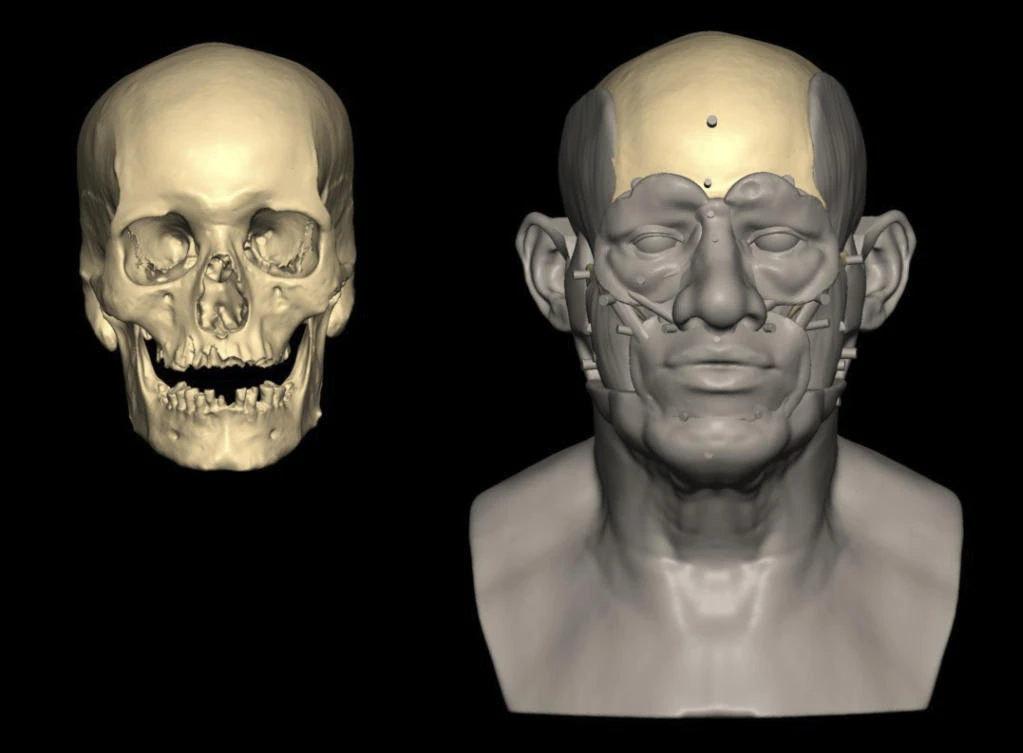 This image provided by researchers shows a facial reconstruction of a man radiocarbon dated to around 2855–2570 cal BCE found in Nuwayrat, Egypt. (AP)