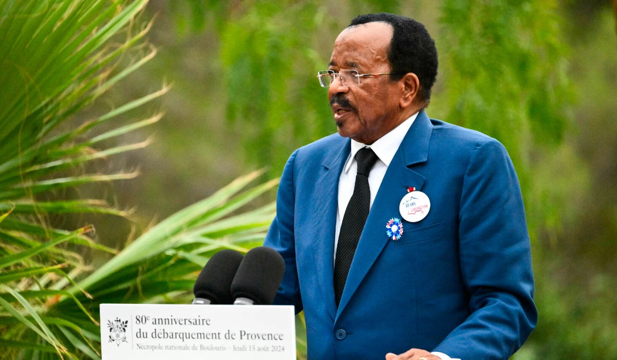 Cameroon President Paul Biya delivers a speech during a ceremony at the Boulouris National Cemetery in Boulouris-sur-Mer, south eastern France, Aug. 15, 2024. (AP))