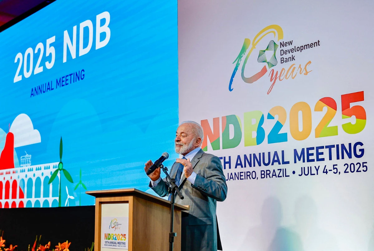 Brazil's President Luiz Inacio Lula da Silva delivers a speech during the 10th Annual Meeting of the New Development Bank (NDB), within the BRICS summit in Rio de Janeiro on July 4, 2025. (Brazilian Presidency handout/ via AFP)