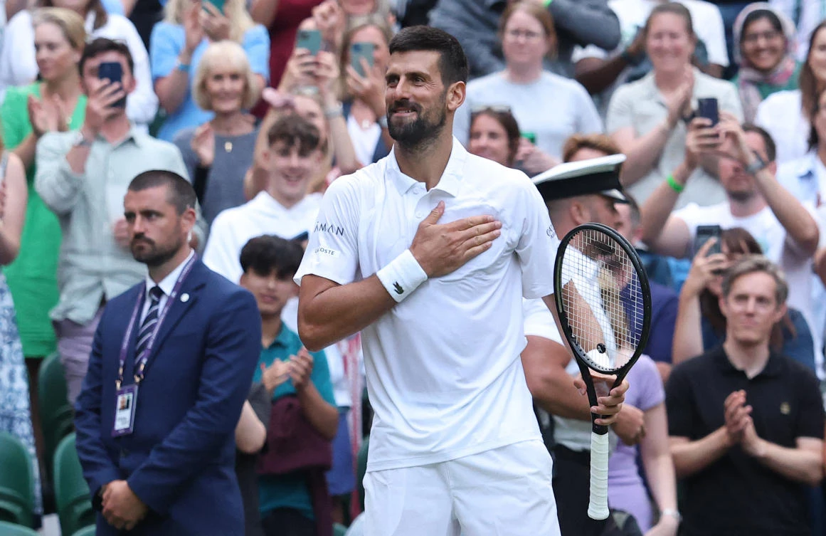 Serbia’s Novak Djokovic celebrates after winning his third round match against Serbia’s Miomir Kecmanovic at Wimbledon — All England Lawn Tennis and Croquet Club, July 5, 2025. (Reuters)
