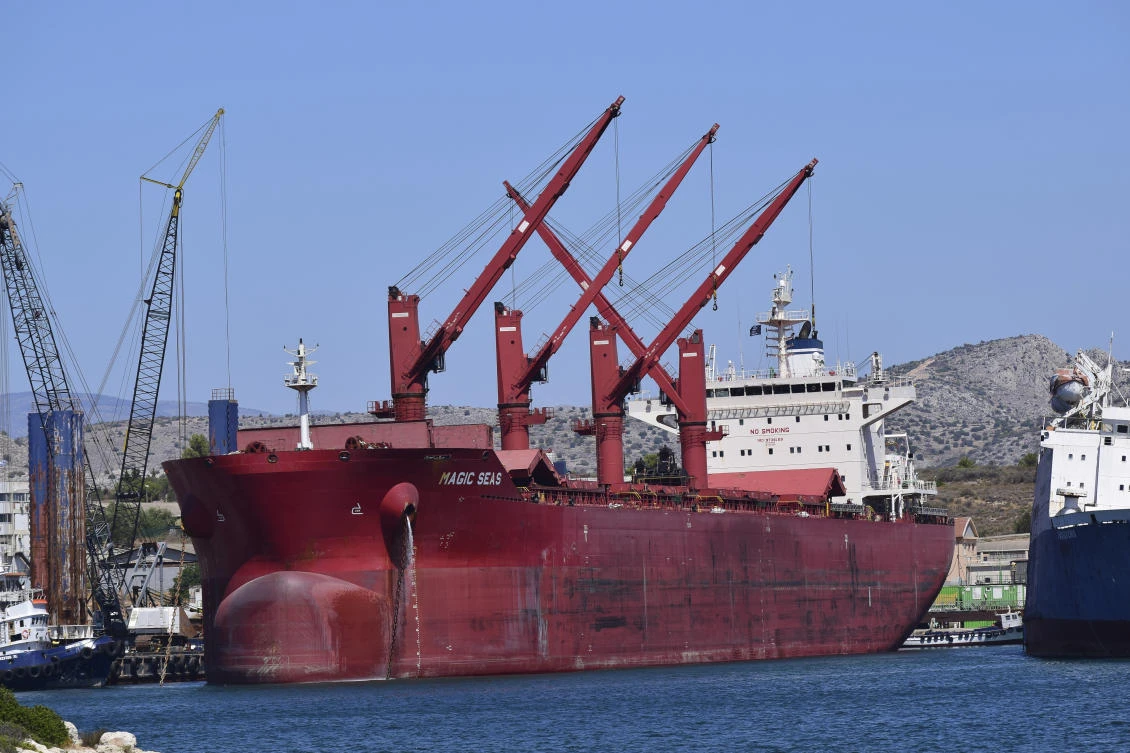 The Liberian-flagged bulk carrier Magic Seas is seen in Ambelakia Bay, Salamis Island, Greece, Aug. 9, 2022. (AP)