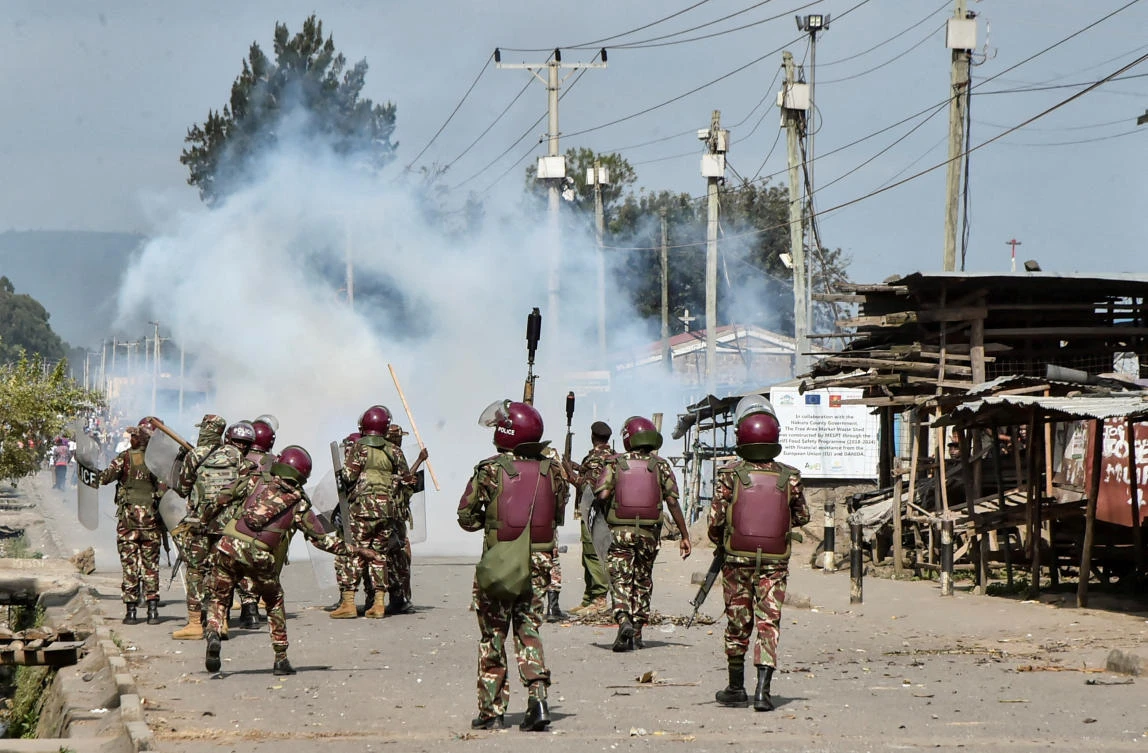 Riot police officers fire tear gas canisters to disperse demonstrators during anti-government protests dubbed "Saba Saba People's March", in the Rift Valley town of Nakuru, Kenya July 7, 2025. (Reuters)